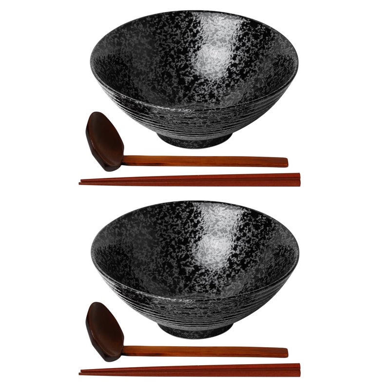Kanwone Ceramic Japanese Ramen Bowl Set, Noodle Soup Bowls - 37 Ounce, with Matching Spoons and Chopsticks for Udon Soba Pho Asian Noodles, Set of 2, Black - Image 1
